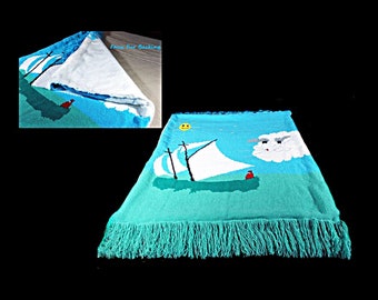 Tunisian Crochet Sailboat Blanket, 54x46, Faux Fur Lined Afghan Throw