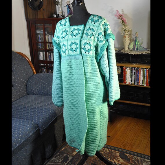 Handmade Crochet Granny Square Sweater Jacket Long Duster Cardigan Green Women's M/L