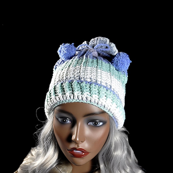 Crochet Winter Hat with Pom Poms, Handmade Multicolor Womens Hat, Unique Winter Accessory, Cozy and Stylish Gift