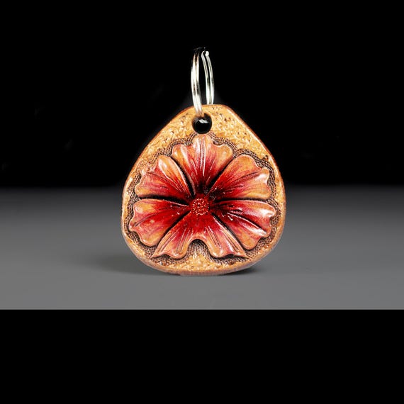 Handmade Hand-Tooled Floral Leather Keychain, Hand-Painted Flower Keyring, Unique Artisan Key Fob, Boho Gift