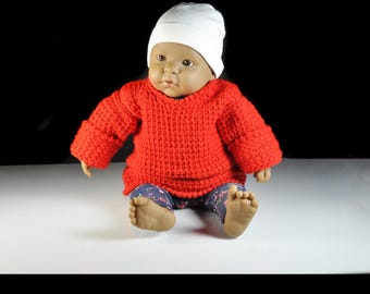 Handmade Red Baby Sweater, Tunisian Crochet Infant/Doll Pullover, Newborn Gift Shower, Photo Outfit