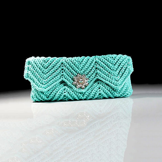 Crochet Clutch Purse, Ivory Velvet Lined, Aqua, Rhinestone Button Adornment,  Beaded, Magnetic Closure, Women's Gift