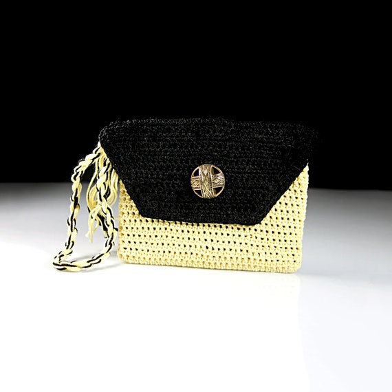 Wristlet, Purse, Crochet, Leather Interior, Coin Purse, Handmade, Yellow and Black