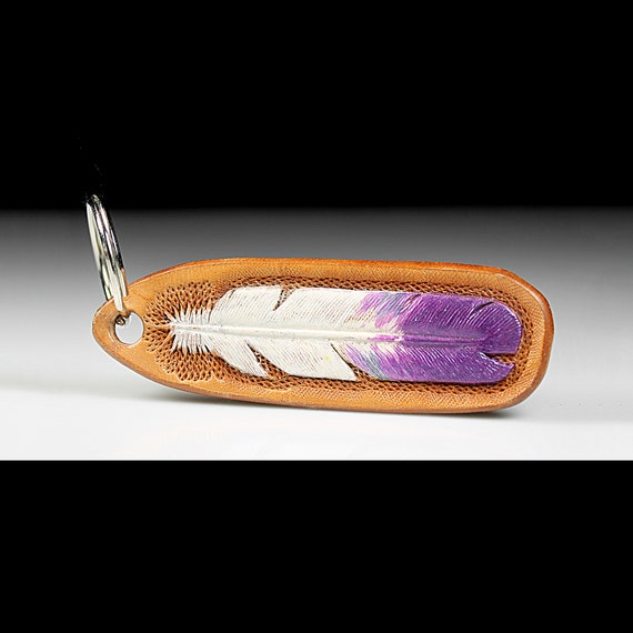 Leather Feather Keychain, Hand Tooled Leather, White and Purple, Purse Accessory, Zipper Pull, Adornment, Decoration