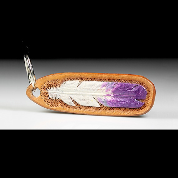 Leather Feather Keychain, Hand Tooled Leather, White and Purple, Purse Accessory, Zipper Pull, Adornment, Decoration