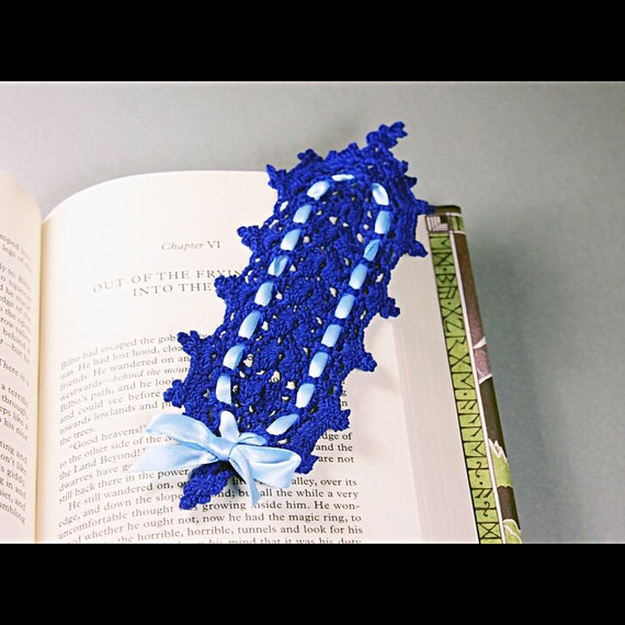 Blue Bookmark, Crochet, 7.5 Inches, Book Lovers Gift, Rectangle, Handmade, Dark Blue, Light Blue Ribbon