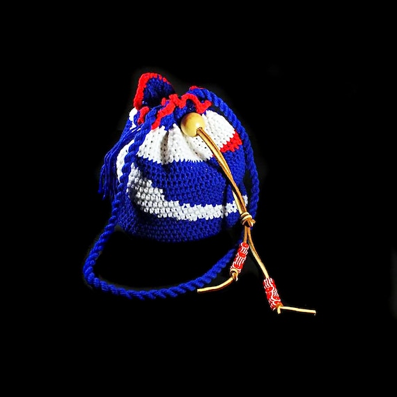 Drawstring Crochet Bag, Boho Bag, Patriotic Handbag, Fashion Accessory, Beach Bag, Market Bag