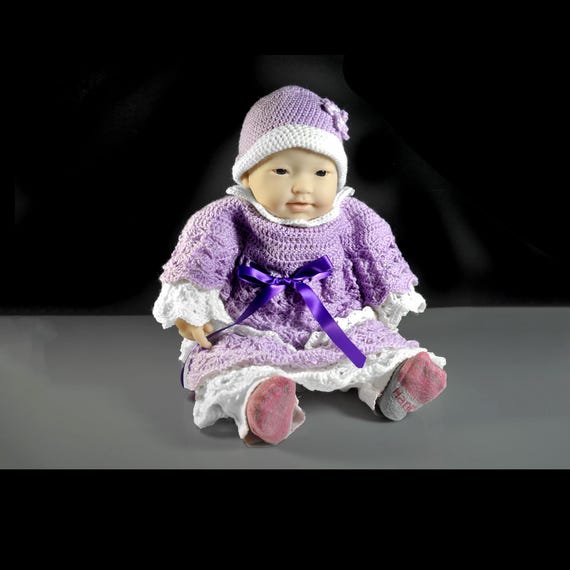 Crochet Baby Dress and Hat Set, Lavender and White, Fits Newborn to 3 Months