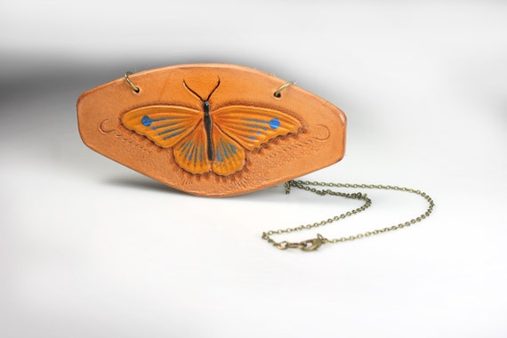 Large Butterfly Leather Necklace, Hand Tooled Leather Pendant, Floral, Handmade, Copper Tone Chain