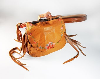 Leather Hand Embroidered Elk Hide Shoulder Bag, Crossbody Bag, Retro Hippie Bag, Fringed, Western Style