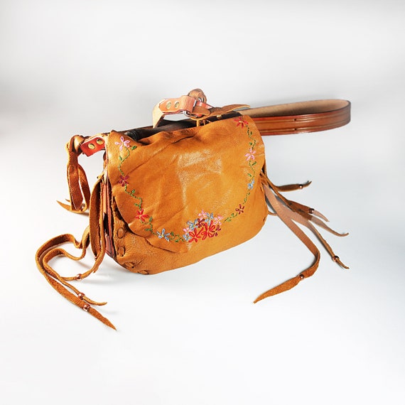 Leather Hand Embroidered Elk Hide Shoulder Bag, Crossbody Bag, Retro Hippie Bag, Fringed, Western Style