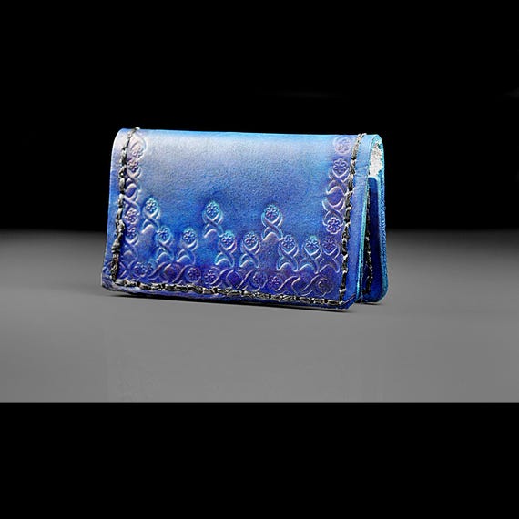 Handmade Leather Card Case – Blue Hand Stamped and Sewn Business Card Holder