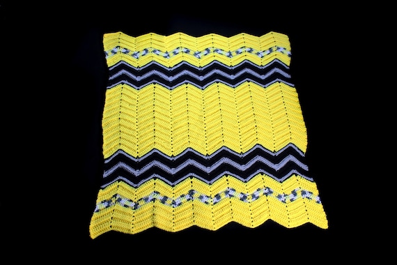 Bright Yellow Ripple Crochet Blanket – Black & Gray Stripes – Small Throw or Lap Blanket