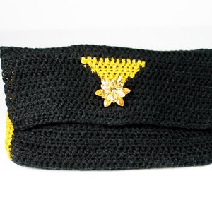 Crochet Clutch Purse, Leather Lined, Black and Gold, Rhinestone Button Adornment, Magnetic Closure, Women's Gift image 10