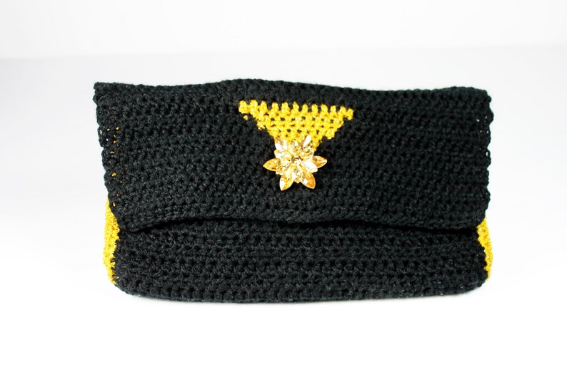 Crochet Clutch Purse, Leather Lined, Black and Gold, Rhinestone Button Adornment, Magnetic Closure, Women's Gift image 10