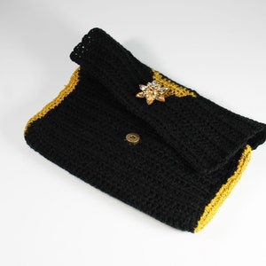 Crochet Clutch Purse, Leather Lined, Black and Gold, Rhinestone Button Adornment, Magnetic Closure, Women's Gift image 4