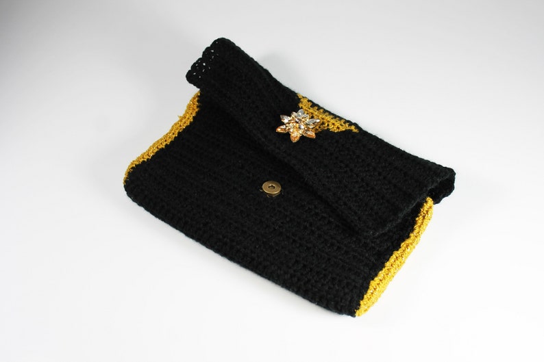 Crochet Clutch Purse, Leather Lined, Black and Gold, Rhinestone Button Adornment, Magnetic Closure, Women's Gift image 4