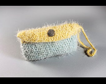 Coin Purse, Wristlet, Pouch, Change Purse, Yellow and Green, Gold Tone Button, Handmade, Crochet