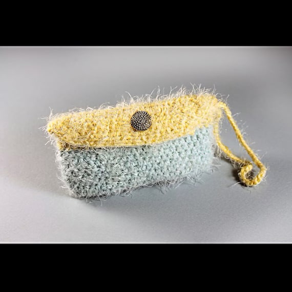 Coin Purse, Wristlet, Pouch, Change Purse, Yellow and Green, Gold Tone Button, Handmade, Crochet