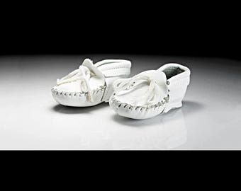 Vintage White Leather Baby Moccasins, London Harness Company Infant Shoes, Heirloom Baby Gift