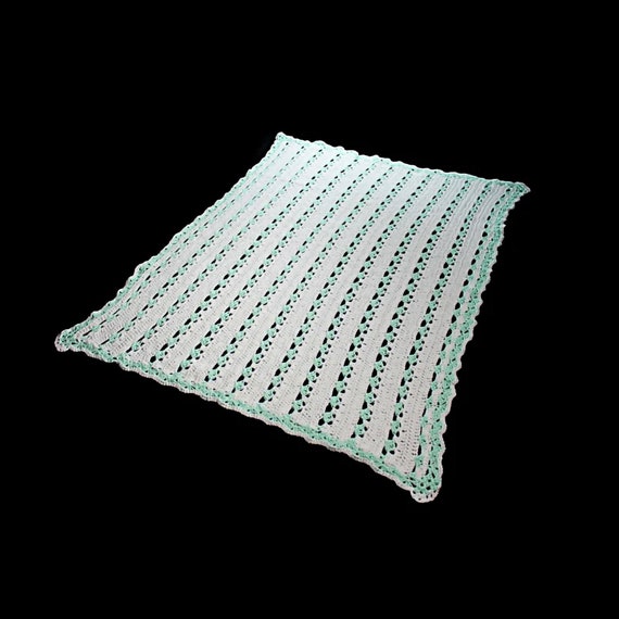 Crochet Ripple Blanket, Green and White, Throw, Small, Handmade