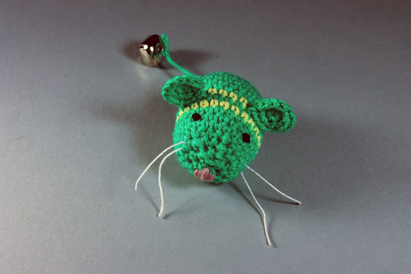 Catnip Toy Mouse, Mouse With Bell, Green with Yellow Stripes, Crocheted