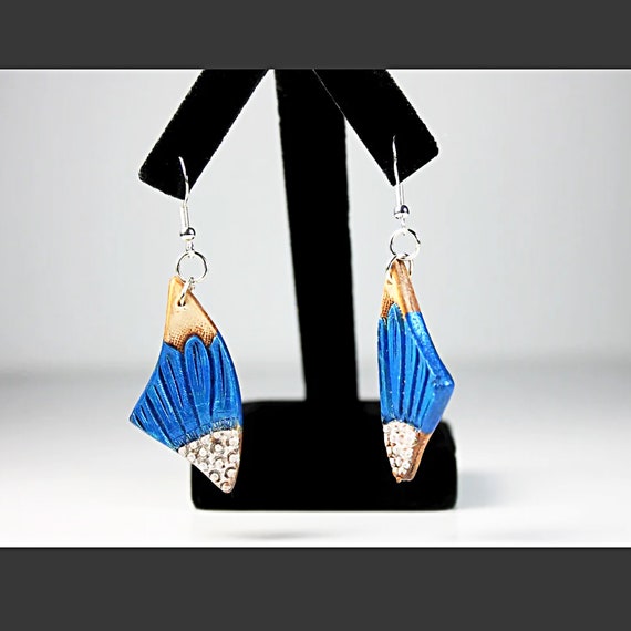 Leather Earrings, Hand Tooled Leather, Blue Flower Earrings, Silver Tone French Hook Ear Wires, Jewelry