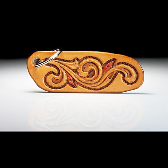 Leather Keychain, Hand Tooled Leather, Scroll, Purse Accessory, Zipper Pull, Adornment, Decoration