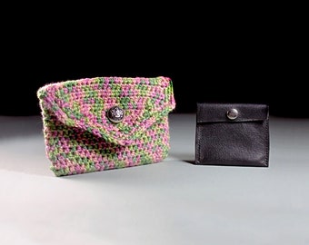 Coin Purse with Leather Insert and Interior, Pouch, Change Purse, Multicolor, Silver Tone Button, Handmade, Crochet