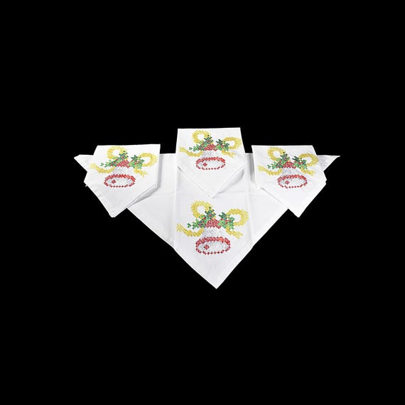 Handmade Cross-Stitch Christmas Napkins with Bell Design, Set of 4, 16x16 Inches – Perfect for Holiday Table Decor