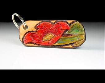 Leather Keychain, Hand Tooled Leather, Flower Keychain, Purse Accessory, Zipper Pull, Adornment, Decoration