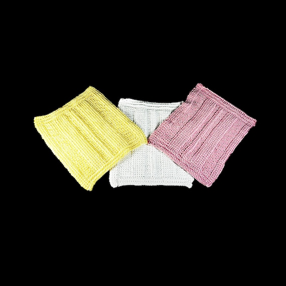 Handmade Crochet Dishcloths - Set of 3, 100% Cotton, Yellow White and Pink Square Cloths, Eco-Friendly Kitchen Essentials