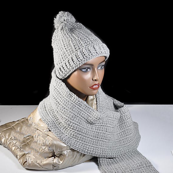 Crochet Hat and Scarf Set in Soft Gray – Handmade Winter Gift for Him or Her