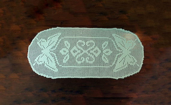 Table Runner, Light Green, 32 inches, Butterfly Pattern, Crochet Mat, Crochet Lace, Fine Art Crochet