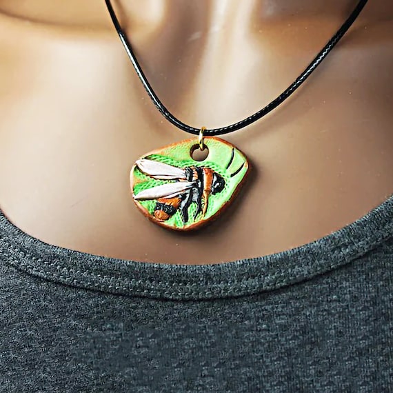 Leather Necklace, Hand Tooled Leather Pendant, Bee, Handmade