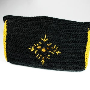 Crochet Clutch Purse, Leather Lined, Black and Gold, Rhinestone Button Adornment, Magnetic Closure, Women's Gift image 3