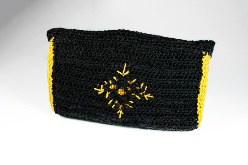 Crochet Clutch Purse, Leather Lined, Black and Gold, Rhinestone Button Adornment, Magnetic Closure, Women's Gift image 3