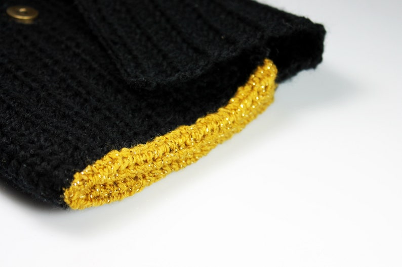 Crochet Clutch Purse, Leather Lined, Black and Gold, Rhinestone Button Adornment, Magnetic Closure, Women's Gift image 7