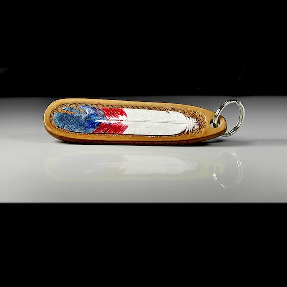 Patriotic Leather Feather Keychain - Hand Tooled Red, White, and Blue Keychain, Handmade Keychain, Gift for Friends and Family, 5 Inch