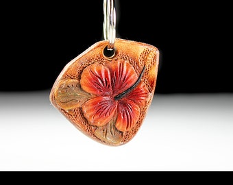 Hibiscus Leather Keychain, Hand Tooled Leather, Flower Keychain, Purse Accessory, Zipper Pull, Adornment, Decoration