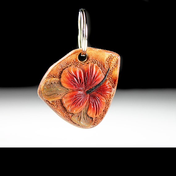 Hibiscus Leather Keychain, Hand Tooled Leather, Flower Keychain, Purse Accessory, Zipper Pull, Adornment, Decoration