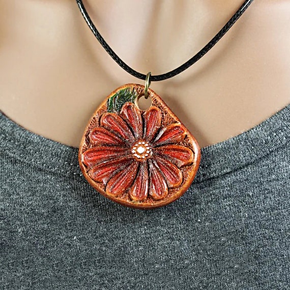 Leather Necklace, Hand Tooled Leather Pendant, Floral, Handmade