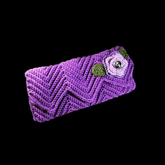 Lavender Crochet Clutch Purse With  Ivory Velvet Lining, Floral Adornment, Magnetic Closure