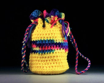 Wristlet, Gift Bag, Mini Tote, Handbag, Yellow and Multicolor, Drawstring Bag, Boho Bag, Hippie Bag, Handmade, Crochet, Gift Idea