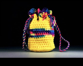 Wristlet, Gift Bag, Mini Tote, Handbag, Yellow and Multicolor, Drawstring Bag, Boho Bag, Hippie Bag, Handmade, Crochet, Gift Idea