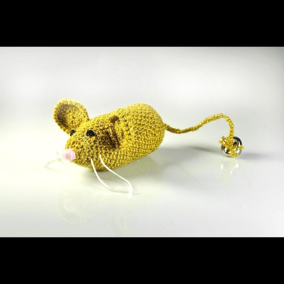 Crochet Gold Sparkle Catnip Mouse with Bell, Handmade
