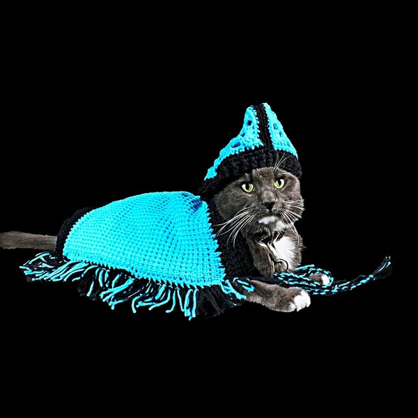Handmade Crochet Pet Poncho Hoodie, Cat or Small Dog Sweater, Blue Black Fringe Cape