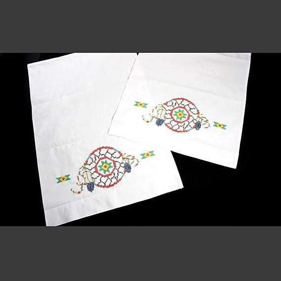 Hand Embroidered Dreamcatcher Pillowcases Set | Cross Stitch Bedding