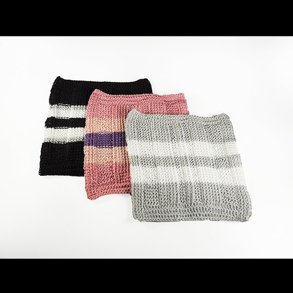 Handmade Crochet Dishcloths - Set of 3, 100% Cotton, Striped Square Cloths, Eco-Friendly Kitchen Essentials
