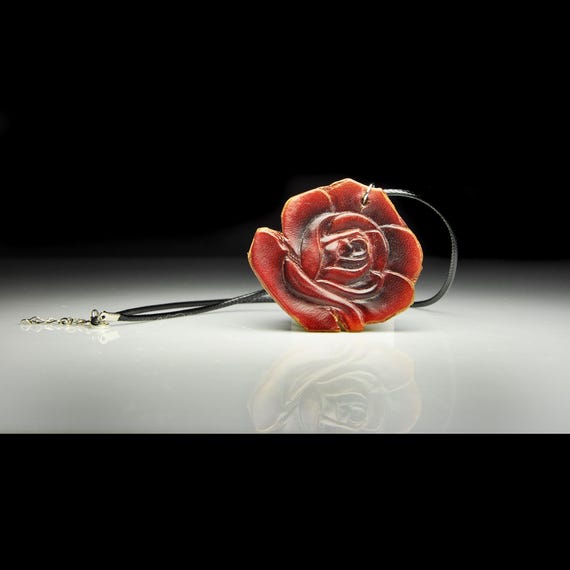 Hand-Tooled Leather Rose Necklace – Artisan Pendant with 18-Inch Waxed Cotton Cord